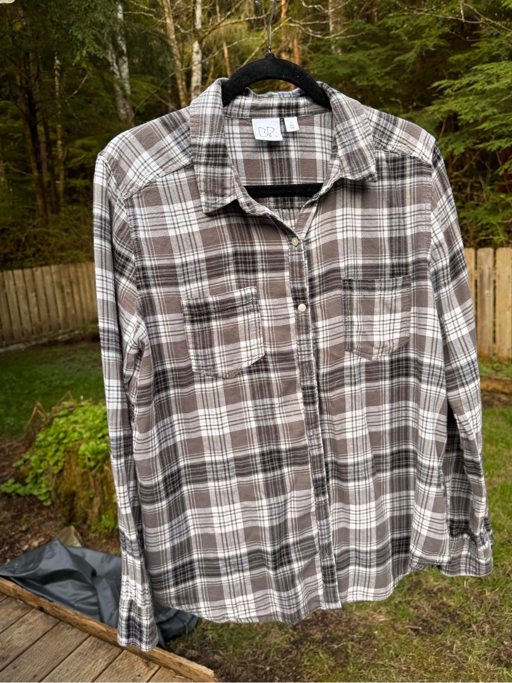 bp women's Brown and White Plaid Button-Down Shirt